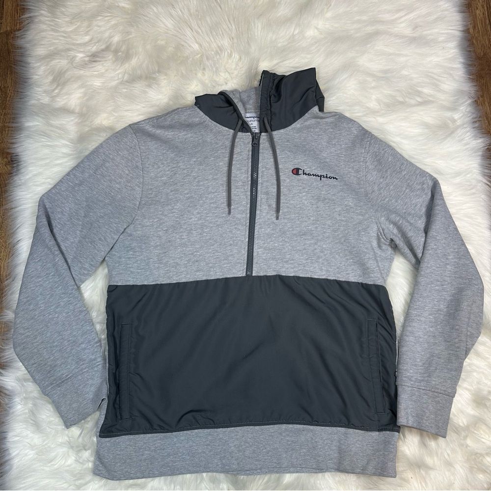 Champion~Men's~Fleece Woven-Mix Half Zip Two Tone Hoodie Heather Gray~Size Large